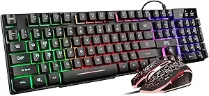 Rii Keyboard and Mouse Set, Rainbow LED Backlit Multimedia PC Keyboard, Colorful Breathing Backlit Gaming Mouse for Work or Play