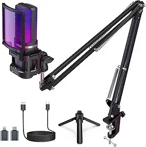 ZealSound Gaming Microphone, USB Mic for PC with Noise Cancellation, RGB, Mute, Gain Control, Zero-Latency Monitoring, Boom Arm, Tripod Stand & Pop Filter,