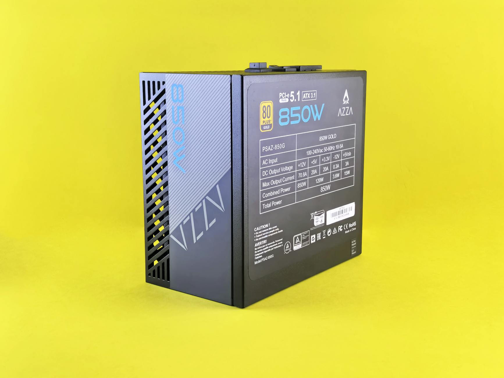A high-efficiency 850W power supply unit with gold certification on a vibrant yellow background. on Frame Rate Vault